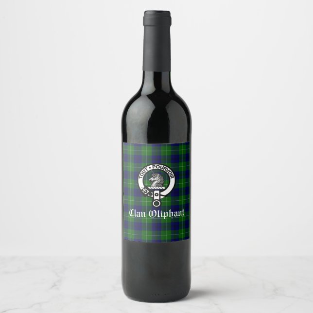 Clan Oliphant Crest-märke och tartan Vinflaska Etikett (Framsida)