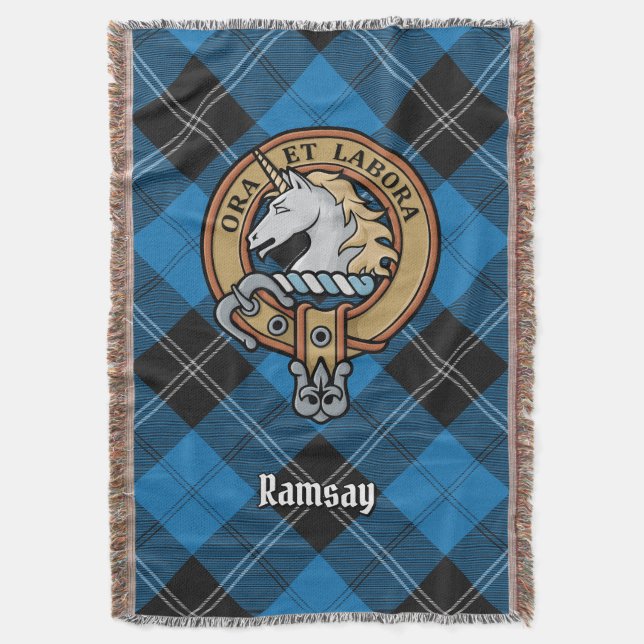 Clan Ramsay-vapen över blå jakt-tartan Filt (Framsidan Vertikal)