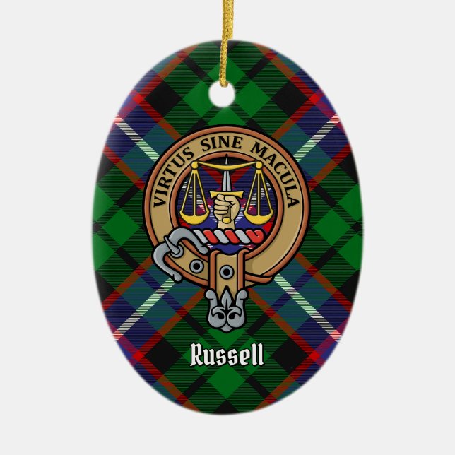 Clan Russell Crest over Tartan Julgransprydnad Keramik (Framsidan)