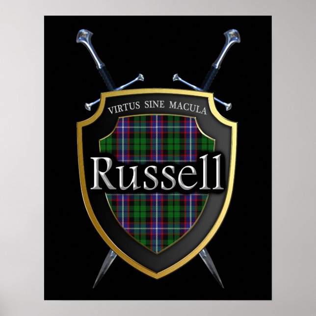 Clan Russell Tartan Sköld och Svärd Tryck (Framsidan)