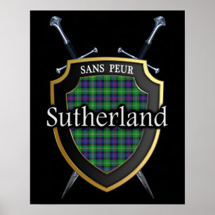 Clan Sutherland Tartan Skotskt Sköld & Svärd Poster