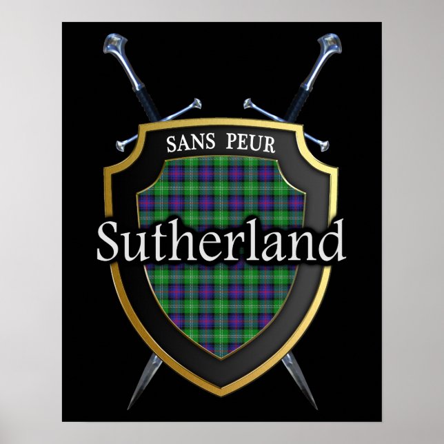 Clan Sutherland Tartan Skotskt Sköld & Svärd Poster (Framsidan)