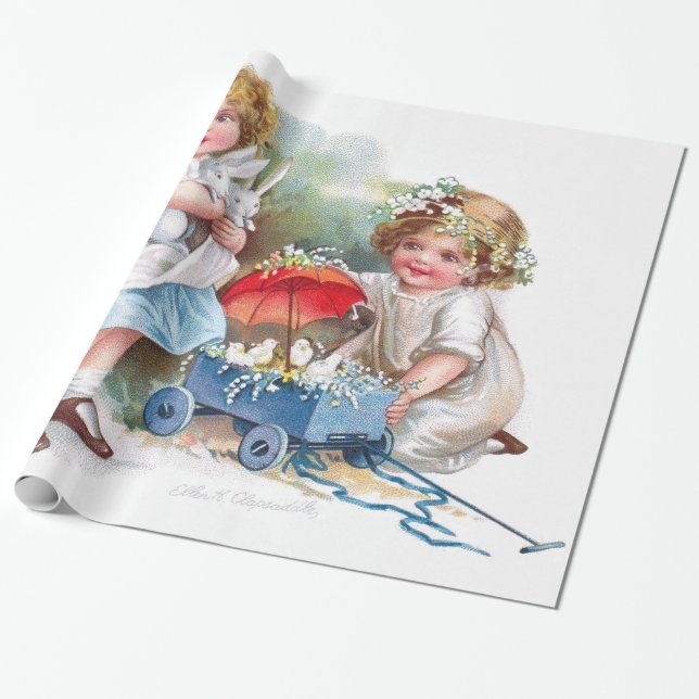 Clapsaddle: Flickor som leker med kaniner Presentpapper (Utrullad)