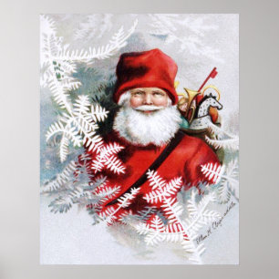 Clapsaddle: Jultomten med leksaker och granris Poster