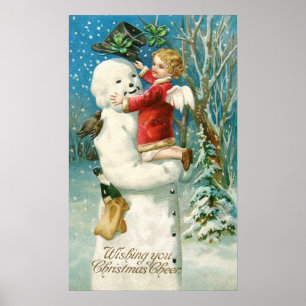 Clapsaddle: Snögubbe med ängelflickan Poster