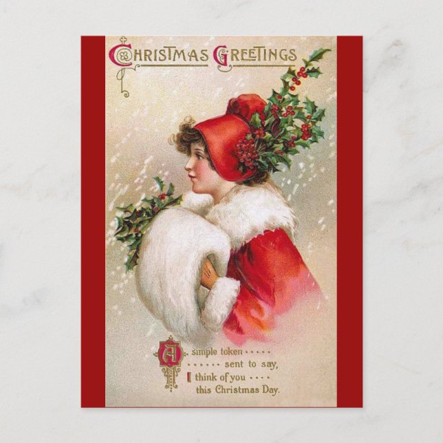 Clapsaddle: Vinterflicka med järnekhatten Vykort (Framsida)