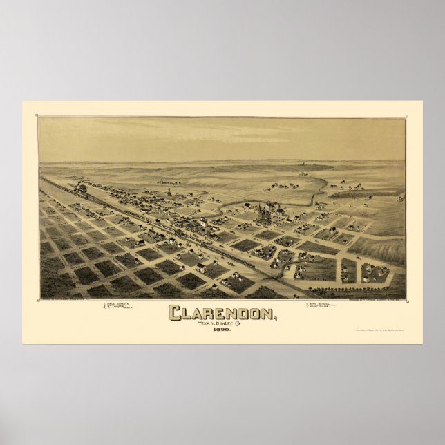 Clarendon, TX Panoramic Karta - 1890 Poster (Framsidan)