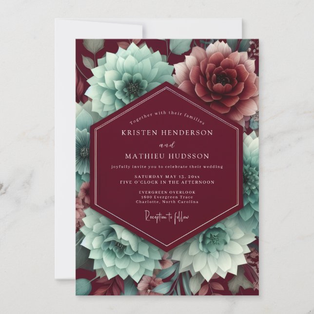 Claret Aquamarine Bloom Wedding Inbjudningar (Framsida)