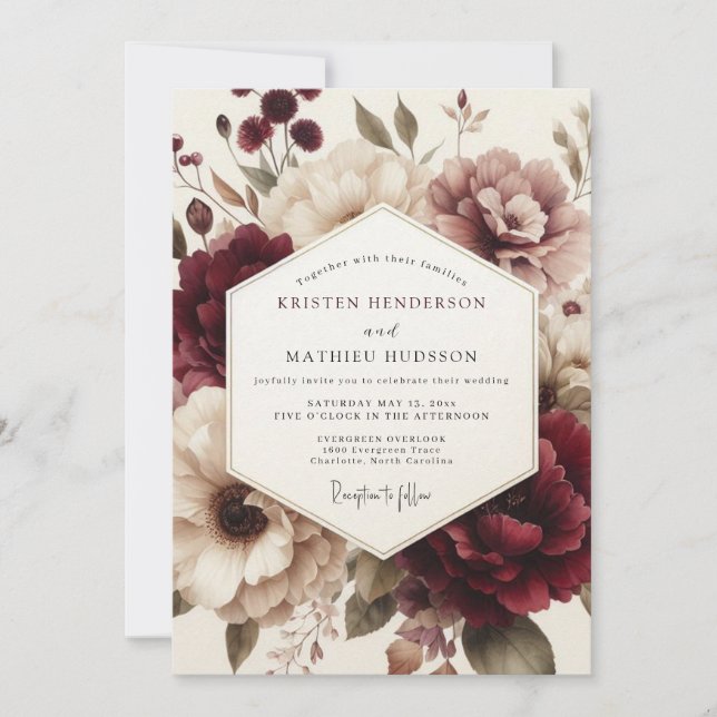 Claret Moody Bloom Wedding Inbjudningar (Framsida)