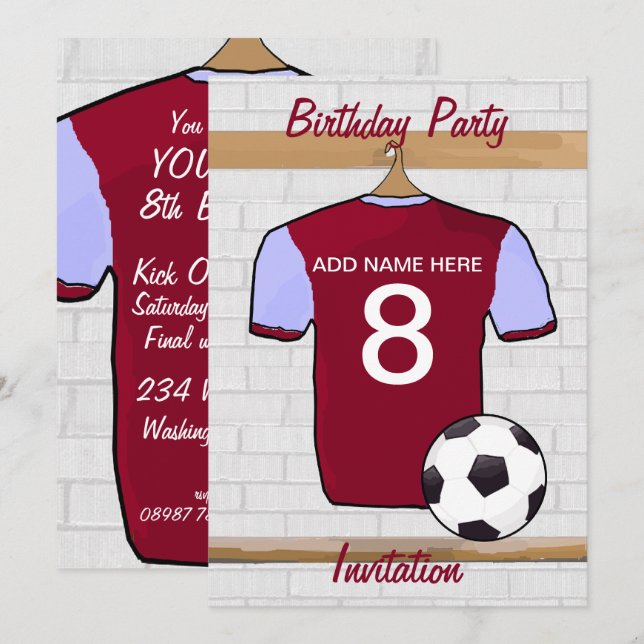 Claret och blåttfotbollJersey födelsedagsfest Inbjudningar (Fram/baksida)