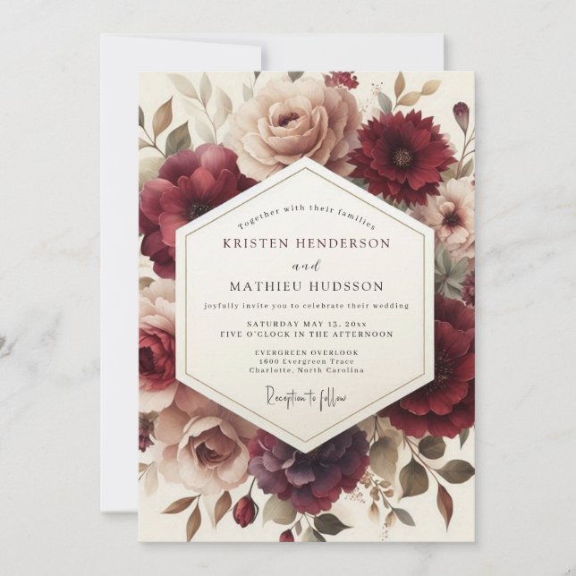 Claret Romantic Bloom Wedding Inbjudningar (Framsida)