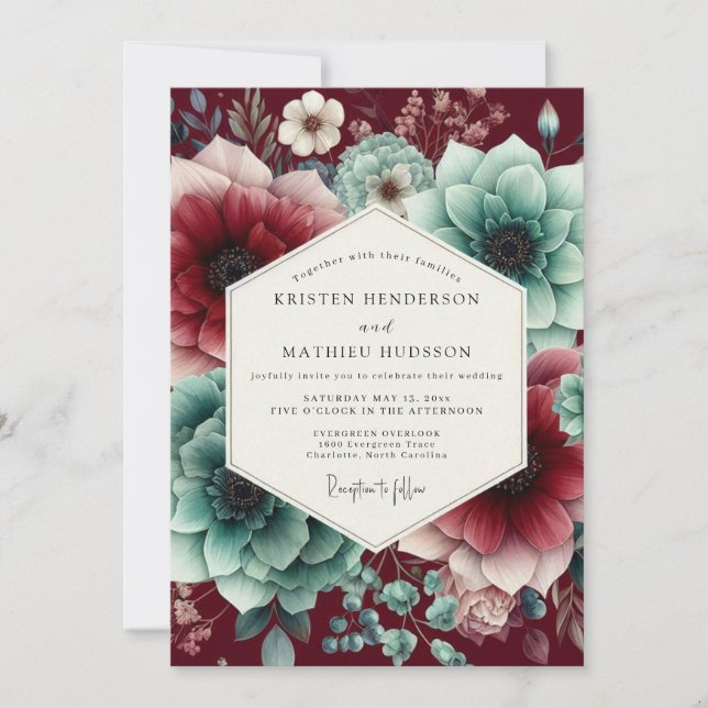 Claret Teal Moody Bloom Wedding Inbjudningar (Framsida)