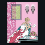 Clarices Brev - Art Deco Mode design Poster<br><div class="desc">Clarice sitter i sin kvällsgryning i en modern konsthälsstol som läser en brev. Hennes klänning har en kontrasterande smak och stiliserade 1920-talets blommigtar på kjolen. I bakgrunden finns skalade väggkoner, vitmetallverk snurras och ett bild med ramar och motsvarande snurrar. Bilden på väggen simulerar halvgenomskinligt glas, färgad glas och har färg...</div>