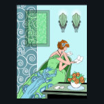 Clarices Brev - Art Deco Mode design Poster<br><div class="desc">Clarice sitter i sin kvällsgryning i en modern konsthälsstol som läser en brev. Hennes klänning har en kontrasterande smak och stiliserade 1920-talets blommigtar på kjolen. I bakgrunden finns skalade väggkoner, vitmetallverk snurras och ett bild med ramar och motsvarande snurrar. Bilden på väggen simulerar halvgenomskinligt glas, färgad glas och har färg...</div>