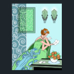 Clarices Brev - Art Deco Mode design Poster<br><div class="desc">Clarice sitter i sin kvällsgryning i en modern konsthälsstol som läser en brev. Hennes klänning har en kontrasterande smak och stiliserade 1920-talets blommigtar på kjolen. I bakgrunden finns skalade väggkoner, vitmetallverk snurras och ett bild med ramar och motsvarande snurrar. Bilden på väggen simulerar halvgenomskinligt glas, färgad glas och har färg...</div>