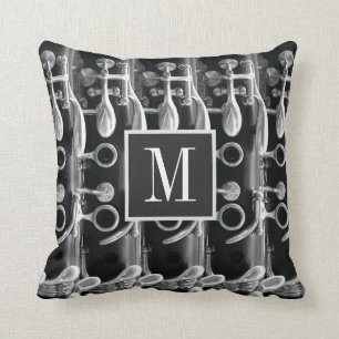 Clarinet Anpassningsbar Monogram Black White Grått Kudde