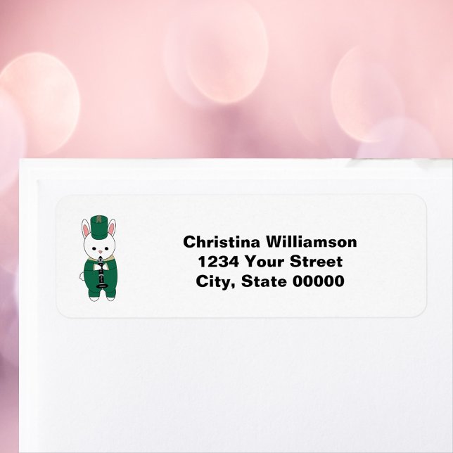 Clarinet Band Rabbit Grönt Returadress Etikett (A return address label with a bunny playing the clarinet wearing green & gold.)