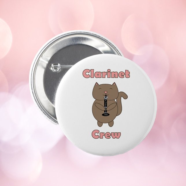 Clarinet Crew Brown Cat Rosa Funny Knapp (A pin back button with a cat playing the clarinet and the words clarinet crew in pink)