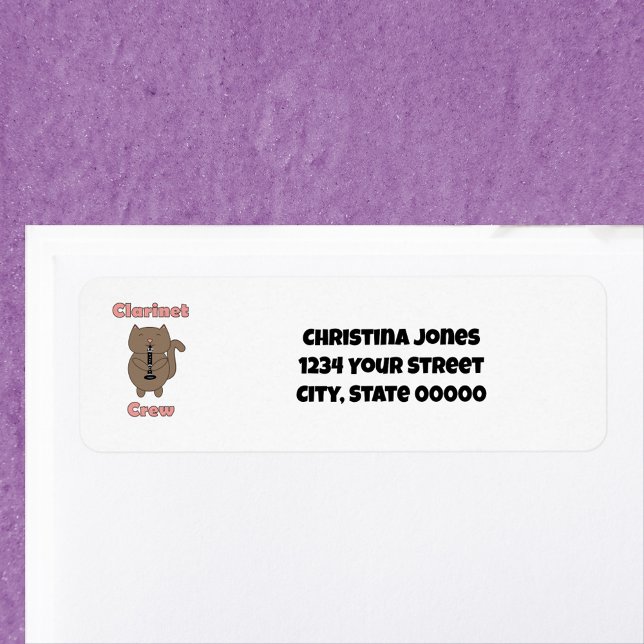 Clarinet Crew Cat Return-adressetikett Personalize Returadress Etikett (A return address label with a clarinet playing cat and text you can personalize.)