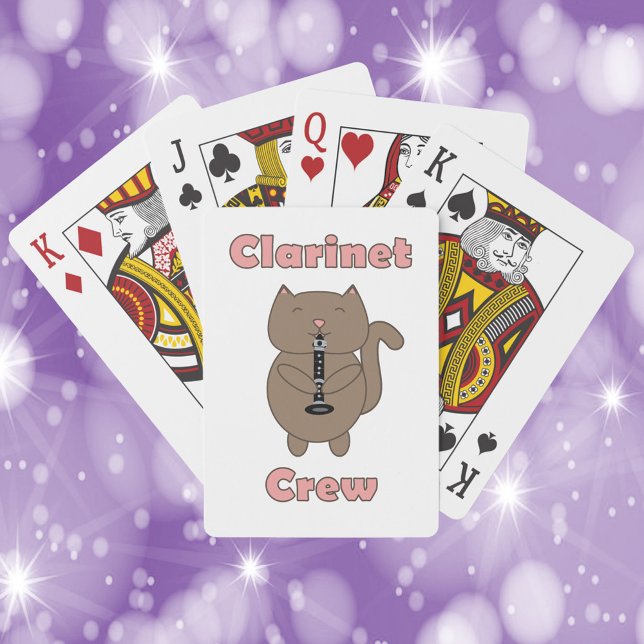 Clarinet Crew Funny Cat Casinokort (Playing cards with a cat playing the clarinet and the words clarinet crew)