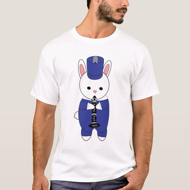 Clarinet Marching Band Bunny Rabbit Blue White T Shirt (Framsida)
