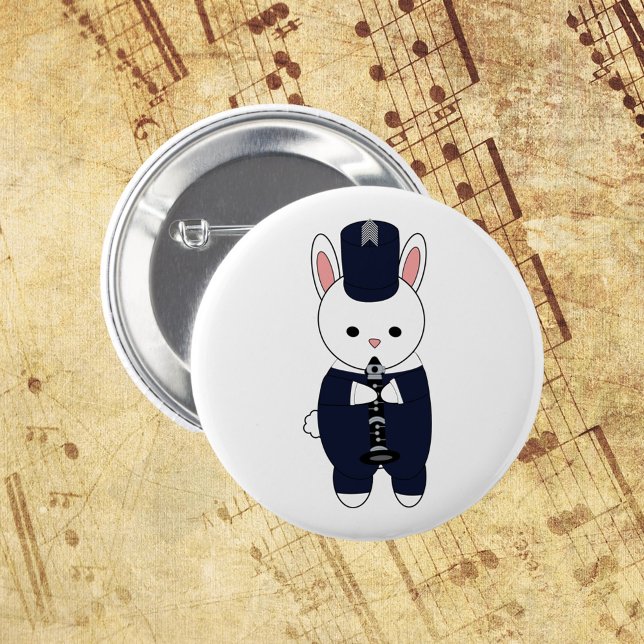 Clarinet Marching Band Rabbit Navy Blue Knapp (A pin back button with a rabbit playing clarinet in a navy blue and white marching band uniform.)