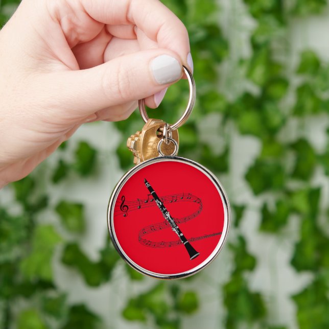 Clarinet och musik noter rund silverfärgad nyckelring (Hand)
