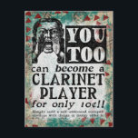 Clarinet Player Postcard - Funny Vintage Retro Vykort<br><div class="desc">Clarinet Player-reklam för vintage i turkos,  akvarier,  rött och svart. Arty,  lustigt,  färglöst och roligt,  det är en underbar gåva och kommer säkert att ge mottagaren leenden och skratt.</div>