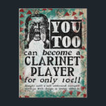 Clarinet Player Postcard - Funny Vintage Retro Vykort<br><div class="desc">Clarinet Player-reklam för vintage i turkos,  akvarier,  rött och svart. Arty,  lustigt,  färglöst och roligt,  det är en underbar gåva och kommer säkert att ge mottagaren leenden och skratt.</div>