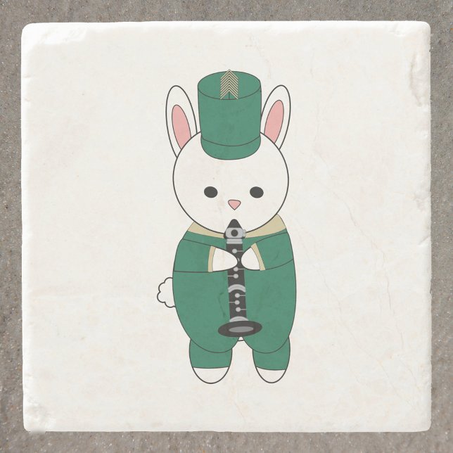 Clarinet Rabbit Marching Band Green Gold Stenunderlägg (A coaster with a white rabbit playing the clarinet in green and gold.)
