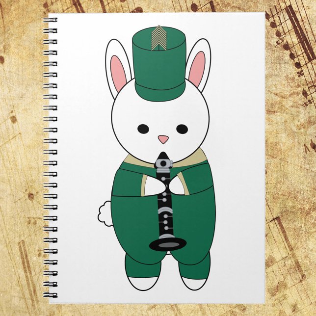 Clarinet Rabbit Marching Band Grönt Guld Anteckningsbok (A notebook featuring a rabbit playing the clarinet wearing a green and gold marching band uniform.)