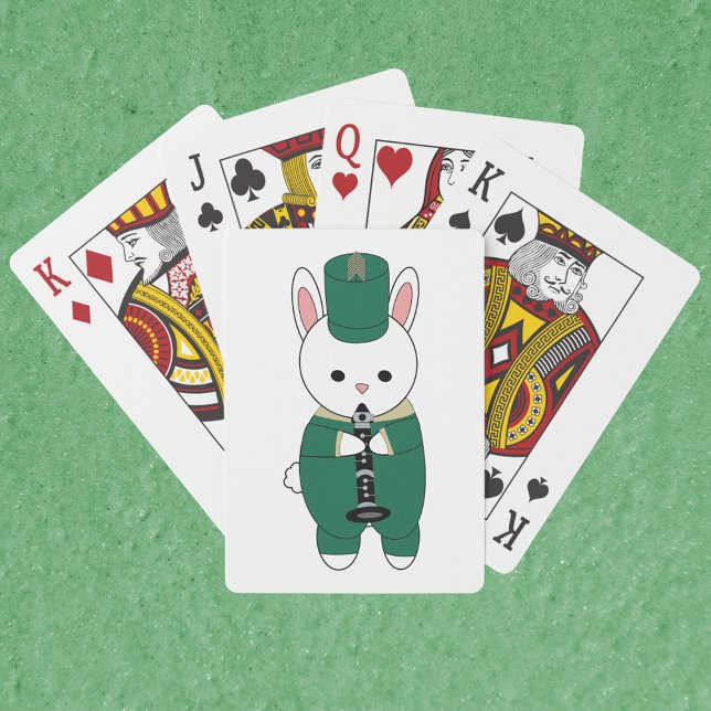Clarinet Rabbit Marching Band Grönt Guld Casinokort (A deck of cards with a rabbit playing the clarinet in a green and gold marching band uniform.)