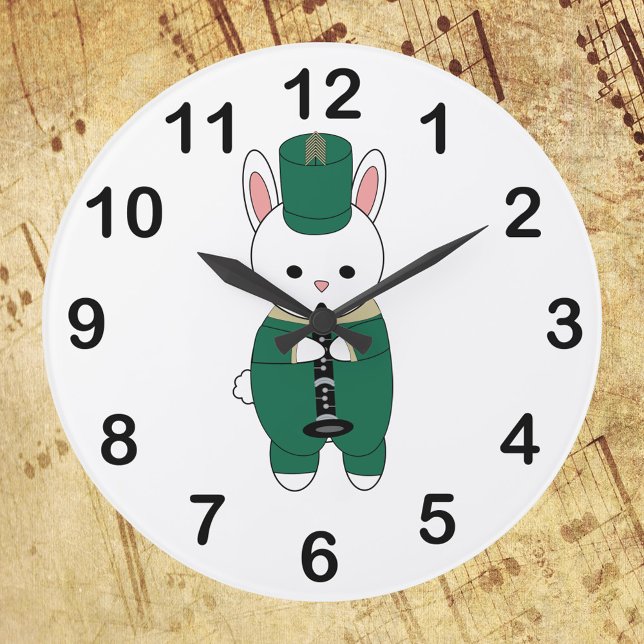 Clarinet Rabbit Marching Band Grönt Guld Stor Klocka (A clock with a picture of a rabbit playing the clarinet in a green & gold marching band uniform.)