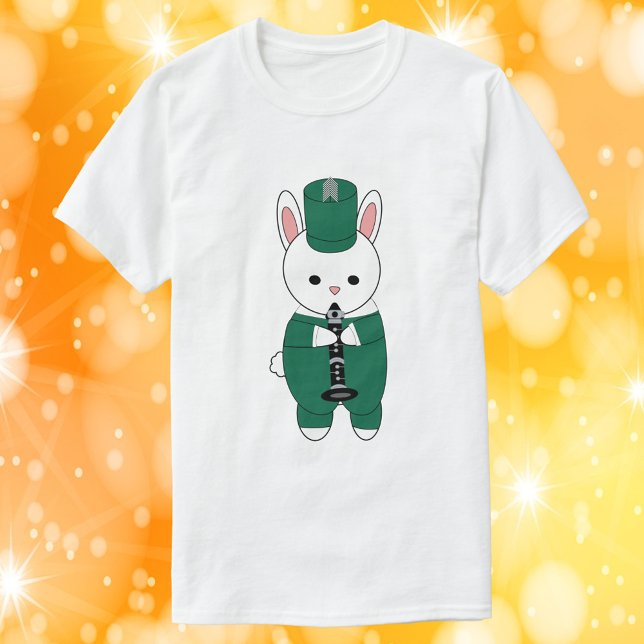 Clarinet Rabbit Marching Band Grönt White T Shirt (A tshirt with a rabbit playing the clarinet while wearing a green and white marching band uniform.)