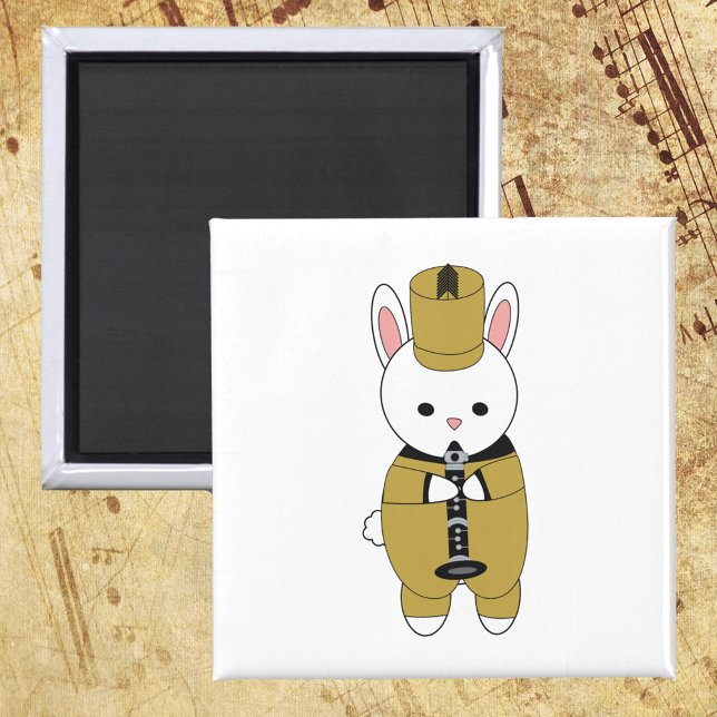 Clarinet Rabbit Marching Band Guld Black Magnet (A magnet with a rabbit playing the clarinet while wearing a gold and black marching band uniform.)