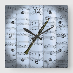 Clarinet~Rolled Lakan Music~Blue Tint Background~ Fyrkantig Klocka