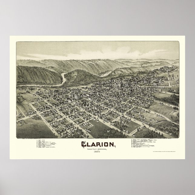 Clarion, PA Panoramic Karta - 1896 Poster (Framsidan)