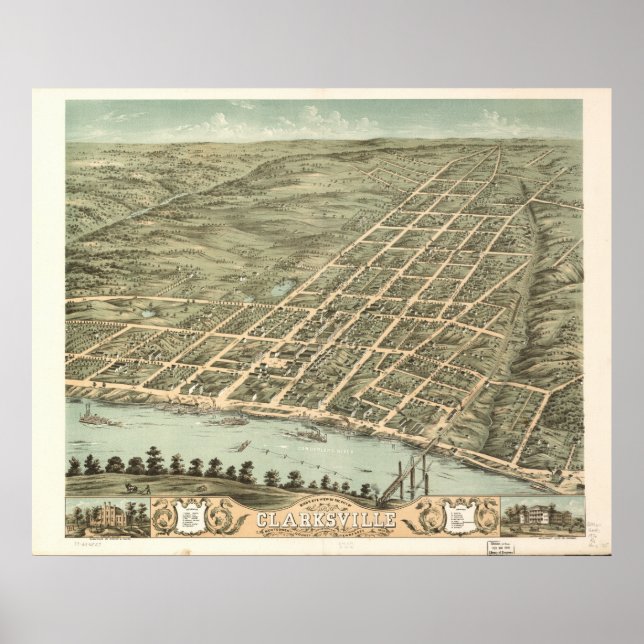 Clarksville Tennessee 1870 Antique Panoramic Karta Poster (Framsidan)