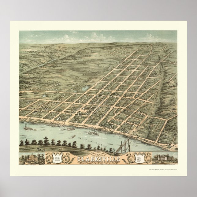 Clarksville, TN Panoramic Karta - 1870 Poster (Framsidan)