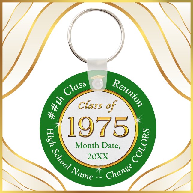Class of 1975, 50 year Class Reunion Souvenirs, Nyckelring (Class of 1975 Reunion Ideas. 50 year class reunion souvenirs. Green, White and Gold Class of 75.)