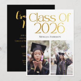 Class of 2026 2 Photo Black and Gold Typography Inbjudningar