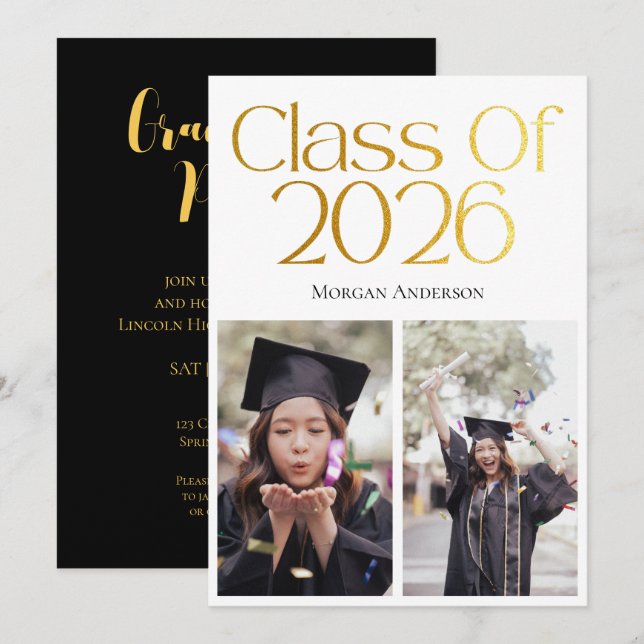 Class of 2026 2 Photo Black and Gold Typography Inbjudningar (Fram/baksida)