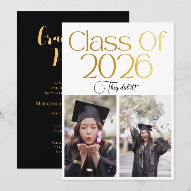 Class of 2026 2 Photo Twins Black Gold Typography Inbjudningar (Fram/baksida)