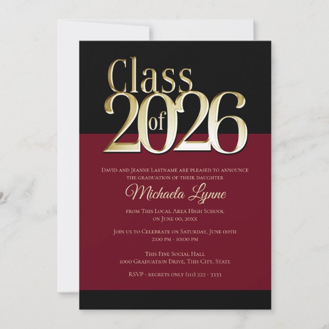 Class of 2026 Burgundy and Gold Grad Invitation Inbjudningar (Framsida)