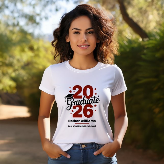 Class of 2026 Grad Cap | Graduate Maroon T Shirt (Graduate Grad Cap and Stars Name and School Graduation T-Shirt -- Maroon)