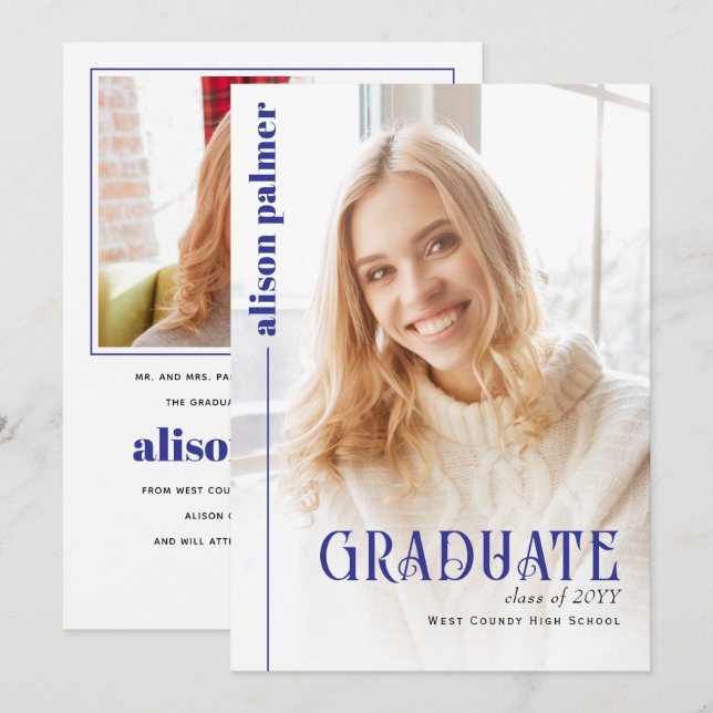 Class of 2026 GRADUATE minimalist blue photo Meddelande (Fram/baksida)