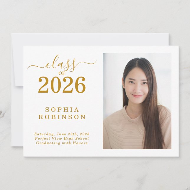 Class of 2026 Photo Gold Graduation Announcement Inbjudningar (Framsida)