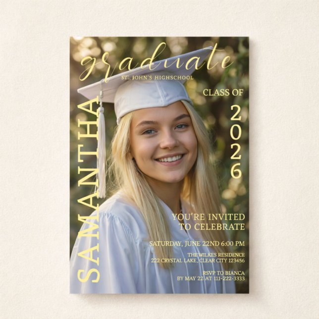 Class of 2026 Photo Invitation Inbjudningar (Modern Class of 2026 photo graduation design with elegant magazine-style layout)