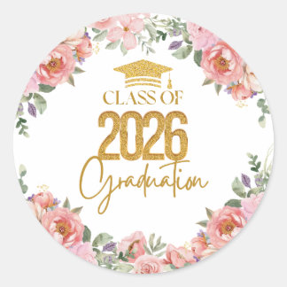 Class of 2026, Pink Gold Floral Theme Runt Klistermärke