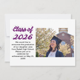 Class of 2026 purple script graduation photo inbjudningar